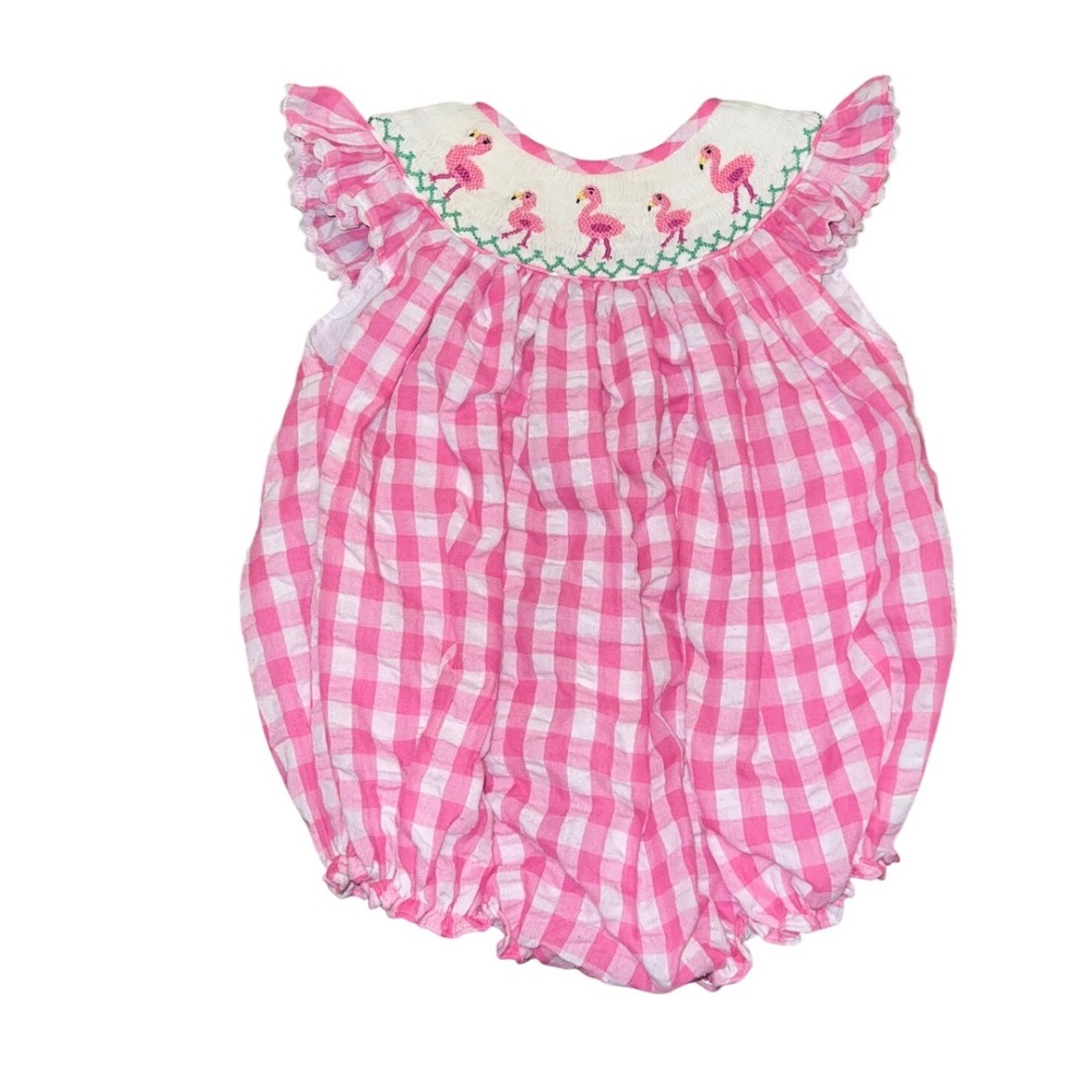 Smockingbird Pink Gingham Flamingo Smocked Bubble Romper 9M Cotton Baby Girl